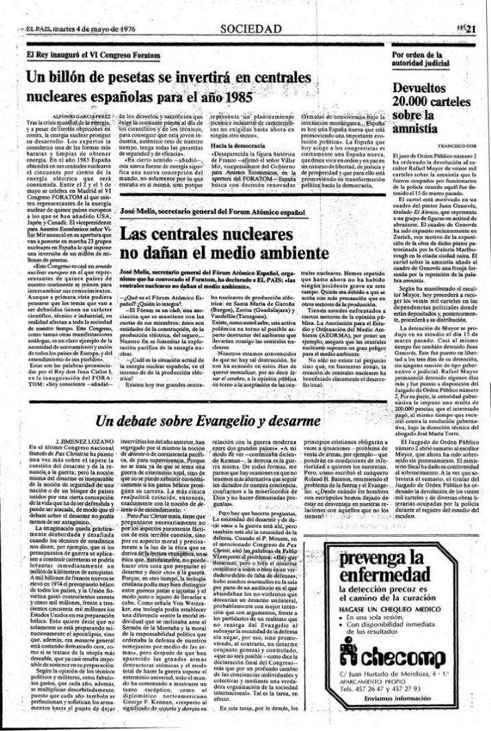 (1976): �Un debate sobre Evangelio y desarme�, El Pa�s, 4-V. P. 21